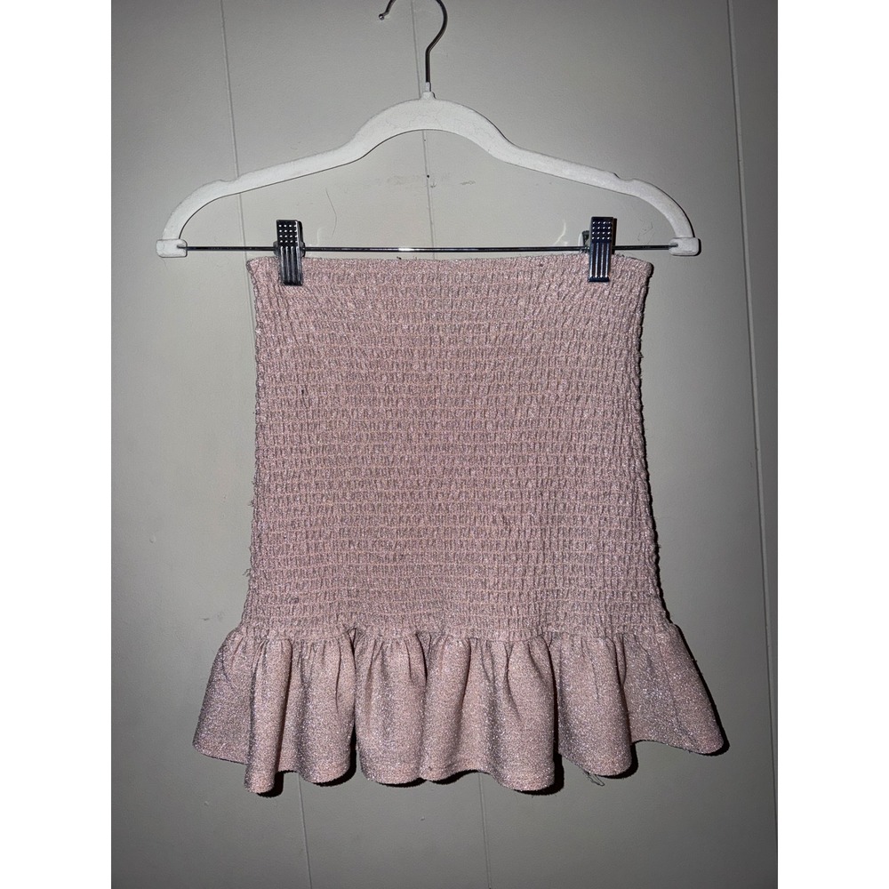 Forever 21 Pink Glitter Smocked Tube Top Ruffle Hem Metallic Strapless Small